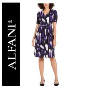 🌺 Macy’s ALFANI Purple Black Printed Tie-Waist Dress NWT $100 S